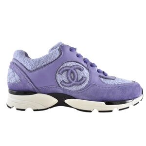 Chanel 24A Lilac Purple Wool Tweed Suede CC Logo Flat Runner Trainer Sneaker 41